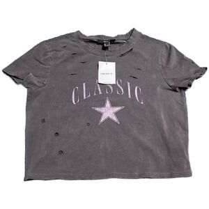 Forever 21 Classic Star Distressed Baby Tee Women's Size Large Charcoal Pink NWT